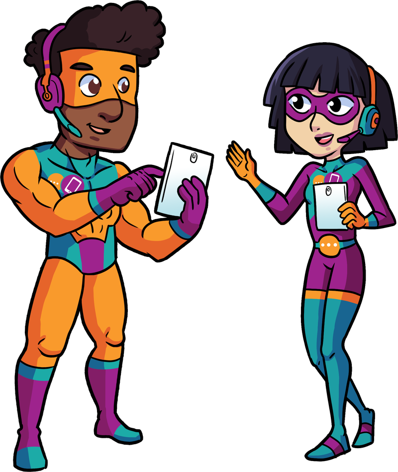 Zwei contact heroes im Verkaufsgespräch – Comic-Illustration